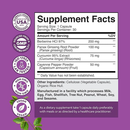GLP-1 Berberine Supplement - One a Day Healthy Gut Berberine Complex with Panax Ginseng Turmeric Curcumin & Cayenne Pepper for Metabolic Balance - Gluten Free Vegan and Non-GMO - 30 Count - 2 Pack