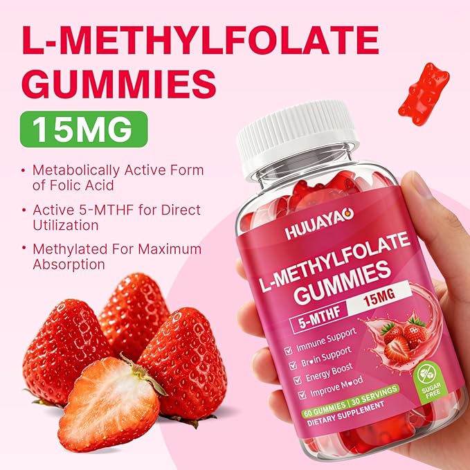 L-Methylfolate 15 mg Gummies, Methylfolate Supplement, Folate 5-MTHF Supplement for Support Mood, Brain Health, Immune System, Sugar Free, Strawberry Flavor, 120 Count