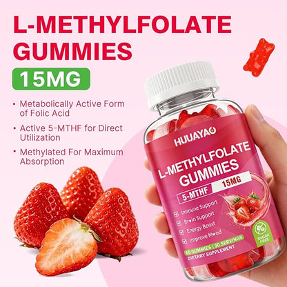 L-Methylfolate 15 mg Gummies, Methylfolate Supplement, Folate 5-MTHF Supplement for Support Mood, Brain Health, Immune System, Sugar Free, Strawberry Flavor, 120 Count