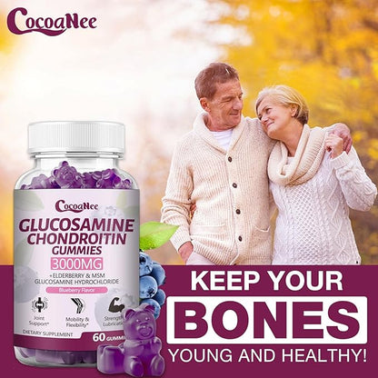 3000MG 1 Pack Glucosamine Chondroitin Gummies, Extra Strength Joint Support Supplement with MSM & Elderberry, Flexibility, Antioxidant Immune Support Gummy for Adults, Men & Women 60Cts