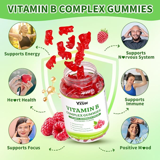 Vitamin B Complex Gummies for Women & Men - Vitamin B12, B1, B2, B3, B5 & B6 -B Complex Vitamin Supplements with Vitamin C,Magnesium & Choline, Raspberry Flavor, 60 Count