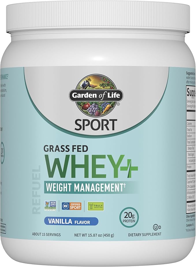 Garden of Life SPORT Whey Plus Weight Management with Amino Energy - 20g of Grass Fed Protein Isolate for Women and Men - Vanilla Powder - With Capsimax, 2 Billion CFU Probiotics, About 15 Servings