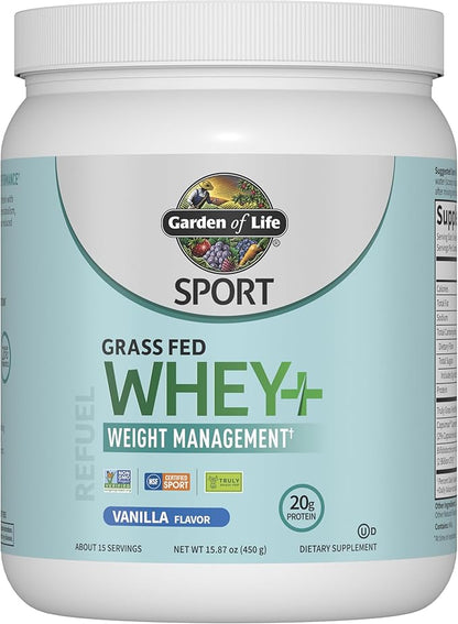 Garden of Life SPORT Whey Plus Weight Management with Amino Energy - 20g of Grass Fed Protein Isolate for Women and Men - Vanilla Powder - With Capsimax, 2 Billion CFU Probiotics, About 15 Servings