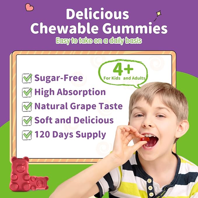 Magnesium Gummies for Kids - Magnesium Glycinate Gummies Supplement with L-Theanine, Vitamin B6, D3 for Kids & Adults for Sleep, Relaxation, Bones,Sugar Free Grape 120ct