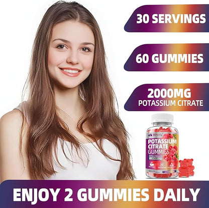 Potassium Citrate Gummies 2000mg, High Potency Electrolyte Gummies, Potassium Supplement with Magnesium glycinate, Zinc, Vitamin C D3 K2, for Electrolyte Balance, Leg Cramps, Muscle Support, 60 Chews
