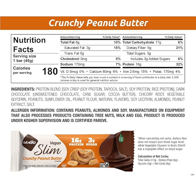 NuGo Slim Dark Chocolate Crunchy Peanut Butter, 17g Vegan Protein, 3g Sugar, 7g Fiber, Low Net Carb, Keto Friendly, Gluten Free, 12 Count
