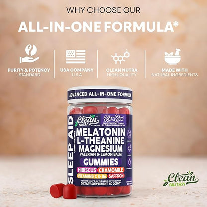 Clean Nutra Melatonin Gummies L Theanine Magnesium Valerian Root Lemon Balm Chamomile Vitamin C Gummy Saffron Sleep Aid Calm Vitamin B6 Stress Relief Hibiscus Relax Mood Happy Supplement Men Women