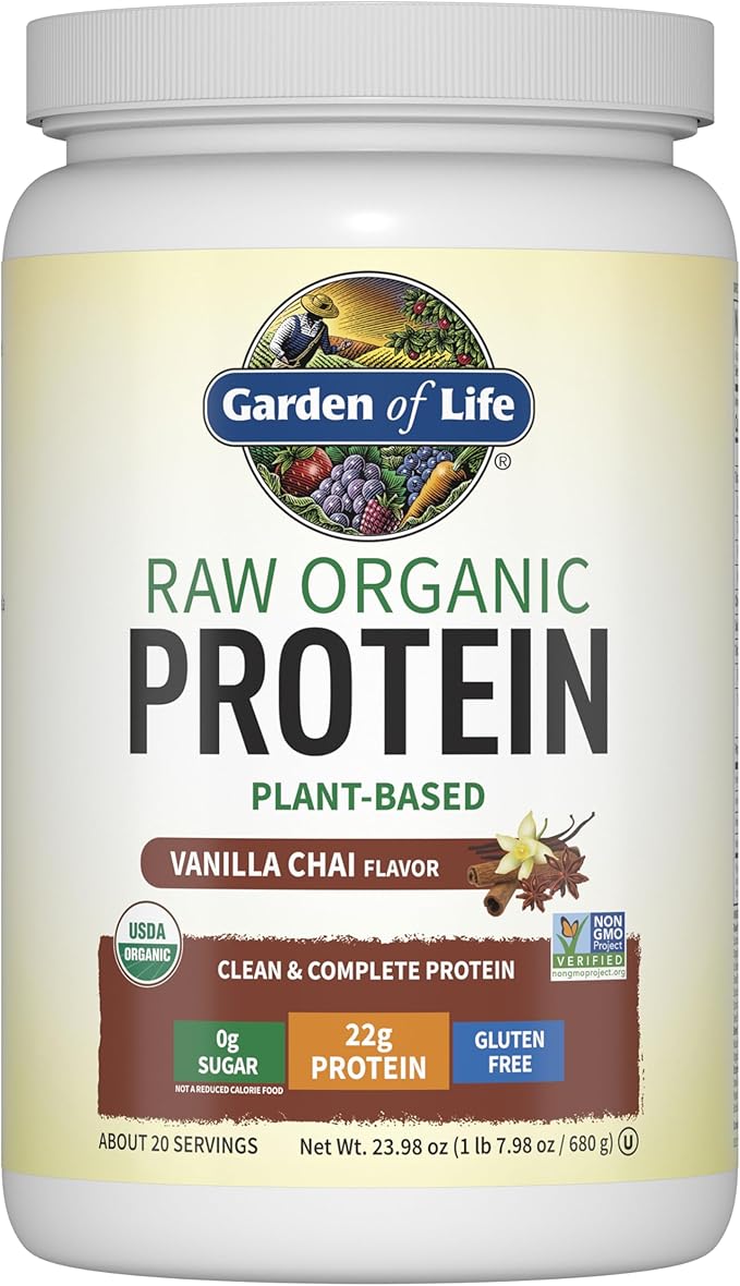 Garden of Life Organic Vegan Protein Powder, Plant Based & BCAAs, Organic Protein Powder with Probiotics & Enzymes, Non-GMO, Gluten-Free Lactose Free, Vanilla Chai, 1.2 LB