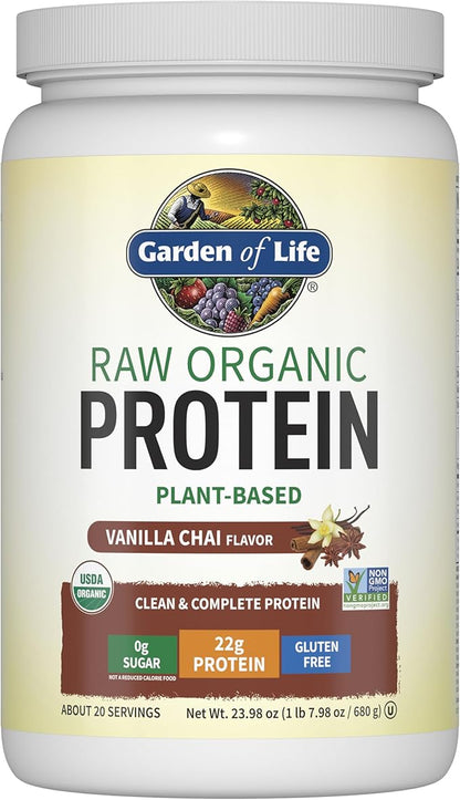 Garden of Life Organic Vegan Protein Powder, Plant Based & BCAAs, Organic Protein Powder with Probiotics & Enzymes, Non-GMO, Gluten-Free Lactose Free, Vanilla Chai, 1.2 LB