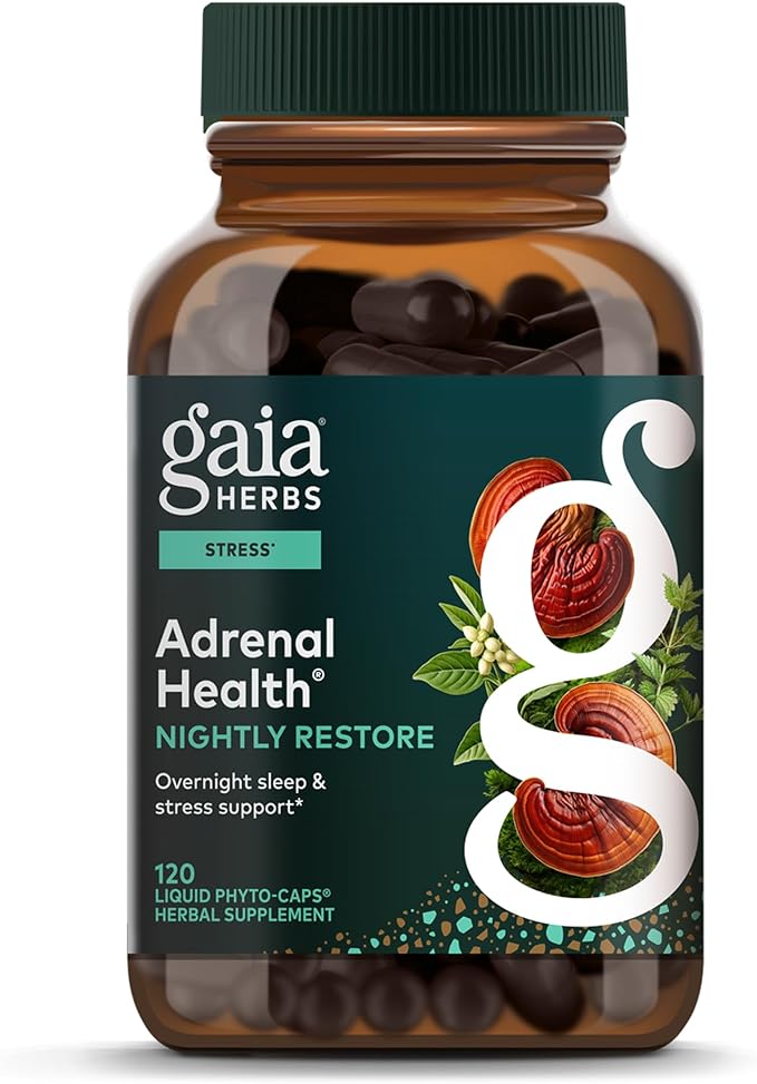 Gaia Herbs Adrenal Health Nightly Restore - Herbal Supplement with Ashwagandha, Magnolia Bark, Cordyceps, Lemon Balm & More* - 120 Vegan Liquid Phyto-Caps (60 Servings)
