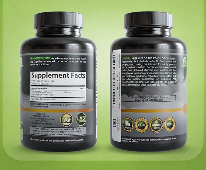 NaturaLife Labs Activated Charcoal 1200 mg per Serving – from Coconut Shells – 100 Veg Capsules – Non-GMO, Gluten-Free, Vegan