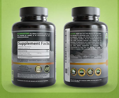 NaturaLife Labs Activated Charcoal 1200 mg per Serving – from Coconut Shells – 100 Veg Capsules – Non-GMO, Gluten-Free, Vegan