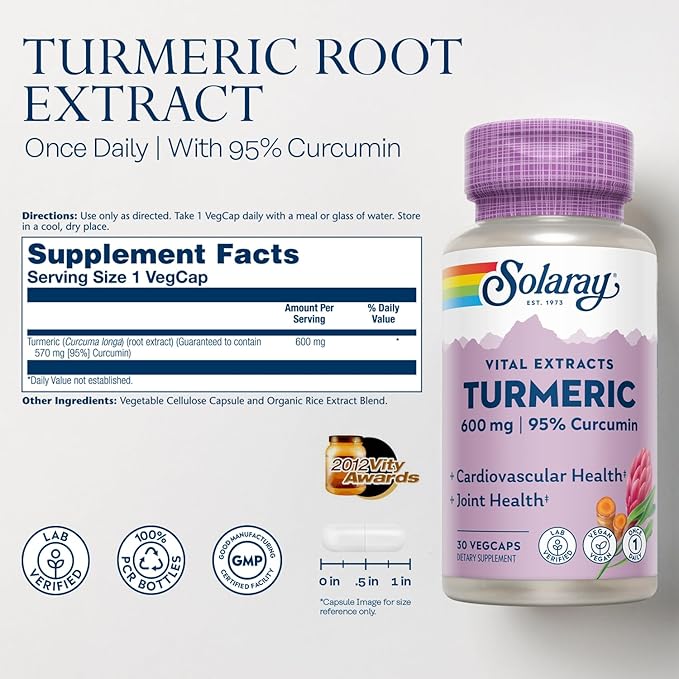 SOLARAY Turmeric Supplement 600mg - Turmeric Root with 95% Curcumin - Joint Support Supplement - Joint Health, Gallbladder and Liver Support, Non-GMO, Vegan, Gluten Free, 60-Day Guarantee, 30 Servings