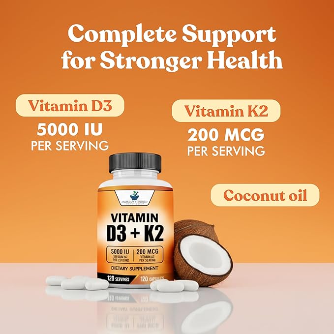 American Standard Supplements Vitamin D3 5000 IU (125mcg) Plus Vitamin K2 (MK7) 200mcg Per Capsule - Gluten Free, Non-GMO, 120 Capsules, 120 Servings, 120 Day Supply