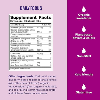 Ultima Replenisher Daily Focus Supplement & Electrolytes Powder - Acai Blueberry, 14 Stickpacks - Hydration Packets, 60mg Caffeine from Green Tea Extract & L-Theanine to Improve Focus & Concentration