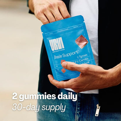 URVI® Brain Gummies – L-Tyrosine, Acetyl-L-Carnitine, Caffeine, L Methyl Folate (Quatrefolic® 5-MTHF), Vitamin B12 & Iodine – Boosts Energy & Focus – Sugar-Free – Strawberry Flavor – 60 Gummies