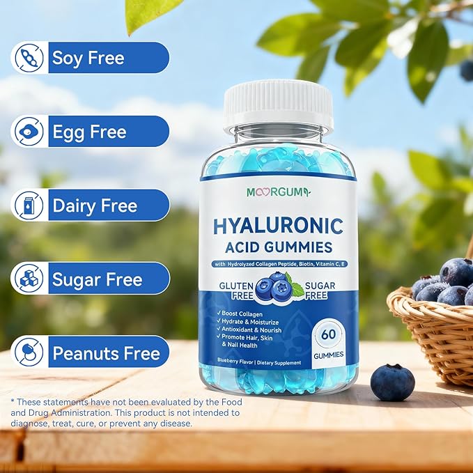 1000mg Hyaluronic Acid & Collagen Peptide Supplements with Biotin, Vitamins C & E - Hair Skin Nails Health Support for Men & Women, Blueberry Flavor, Gluten-Free 120 Gummies