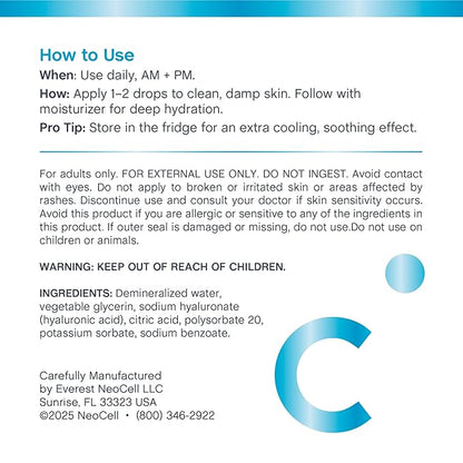 NeoCell Hyaluronic Acid Hydration Serum | 2 fl oz | Hydrating Formula for Face | Advanced Skin Care