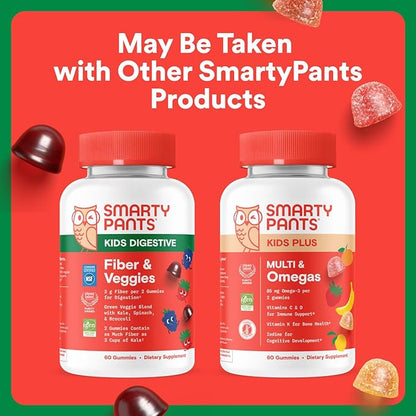 SmartyPants Kids Fiber & Veggies: Prebiotic Fiber Gummies for Kids, Fiber Supplement with Inulin, Organic Green Veggie Blend, Vegan, Gluten Free, Mixed Berry Flavor, 60 Count (30 Day Supply)