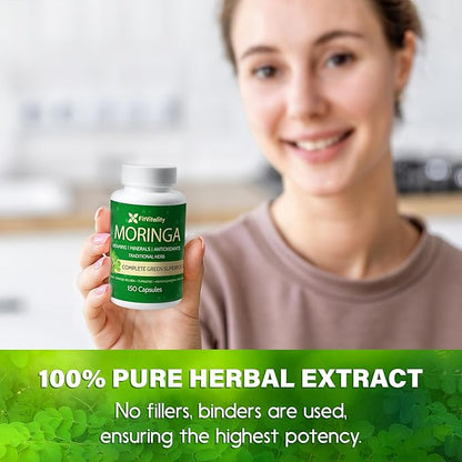 150 Veggie Moringa Premium Capsules –Moringa Leaf, Ginkgo Biloba Leaf, Turmeric Extract, Ashwagandha & Tulsi Holy Basil – 100% Natural Herbal Blend.
