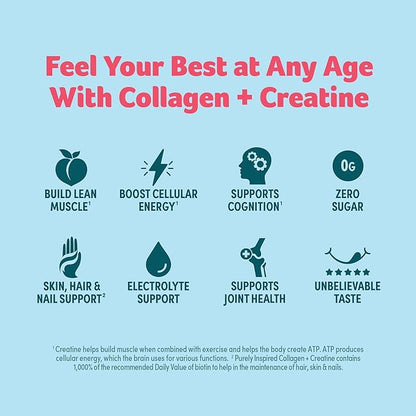 Purely Inspired Collagen and Creatine Powder, Watermelon Strawberry - 10g Collagen & 3g Creatine Builds Lean Muscle - Flavored Drink Mix with Key Electrolytes - Gluten-Free & Zero Sugar