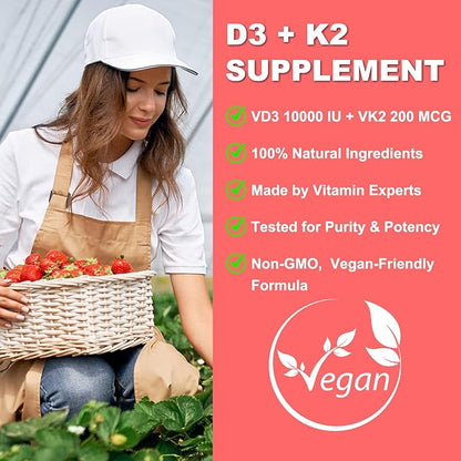 Sugar Free Vitamin D3 K2 Gummies - Vitamin D Gummies with VD3, VK2, 7 Essential Vitamins - Supports Bone, Muscle, Teeth & Immune - Vegan, Non-GMO, Strawberry Flavor, 120 Count