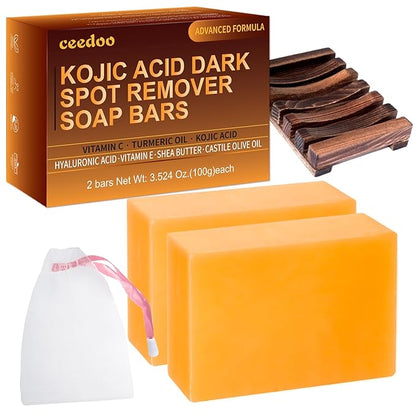 Kojic Acid Soap for Dark Spot Remover Bars with Turmeric, Vitamin C, Retinol, Collagen with Hyaluronic Acid, Vitamin E, Shea Butter, Castile Olive Oil - 3.52 OZ x 2 Bars with Soap Holder & Bag