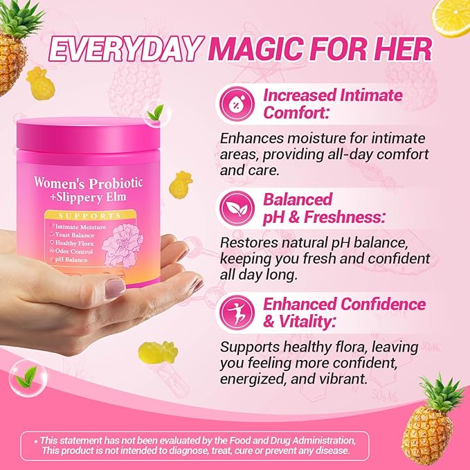 Her Juicy Feminine Probiotics Gummies, Premium Feminine Balance Gummies with Slippery Elm for Women's pH Balance, Healthy Odor, Flora and Immune Support – 30-Day Supply