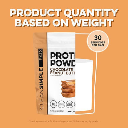 Clean Simple Eats Whey Protein Powder, Chocolate Peanut Butter Flavor Naturally Sweetened, 100% Grass Fed Protein Powder with Digestive Enzymes & No Artificial Ingredients, Gluten Free, 30 Servings