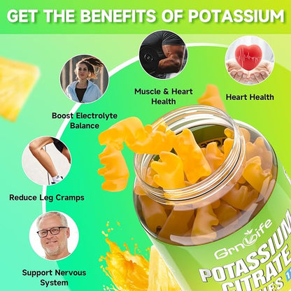 Potassium Citrate Gummies, High Potassium Supplement Gummies 1200mg Support Leg Cramps & Muscle Health, Vegan, Pineapple Flavor 60 Count
