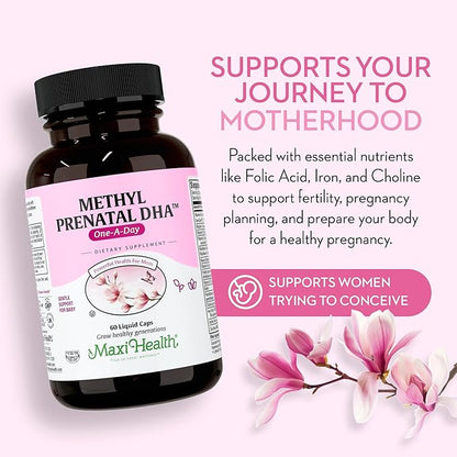 Maxi Health - Methyl Prenatal DHA Prenatal Vitamins Women - Doctor Formulated, Kosher, Gluten Free Prenatal Multivitamin with 25 Nutrients Including DHA, Folic Acid & More, 60 Liquid Caps