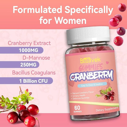 Cranberry Gummies 1000mg, Supplements for Women, with D-Mannose 250mg, Womens Probiotic Gummies, Urinary Tract Health, Cranberry Flavor, NO GMOs, 60 Count(Pack of 2)