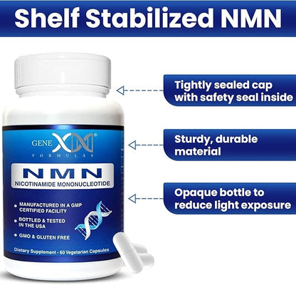 Genex Formulas NMN 250mg - Stabilized Form (60 Capsules), 99% Pure Supplement Capsules for Increased NAD Levels, DNA Repair, & Healthy Aging, GMP Certified