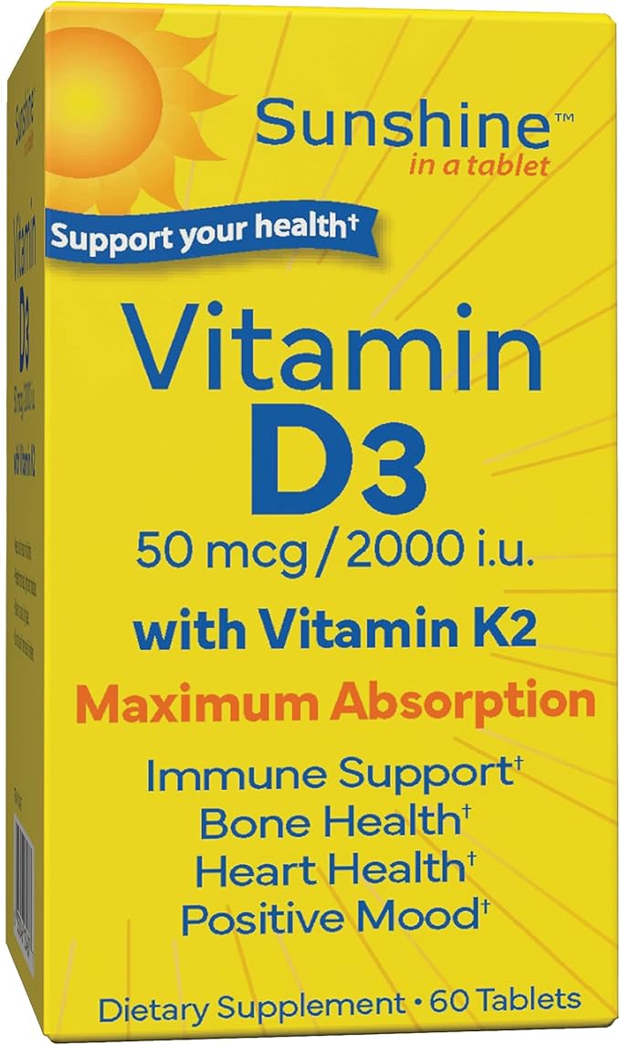Sunshine Vitamin D3 with Vitamin K2, D3 2000 IU with K2 100 mcg for Healthy Muscle Function, Bone Health and Immune Support, Vitamin D3 K2, 60 Tablets
