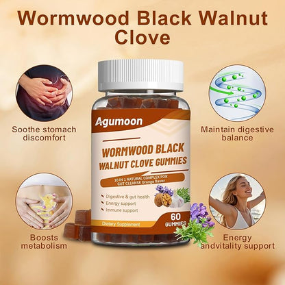10-in-1 Wormwood Black Walnut Clove Gummies for Adults,Herbal Supplement for Gut Cleanse & Digestive Wellness with Garlic,Turmeric,Pumpkin Seed,Oregano,Moringa,60 Gummies