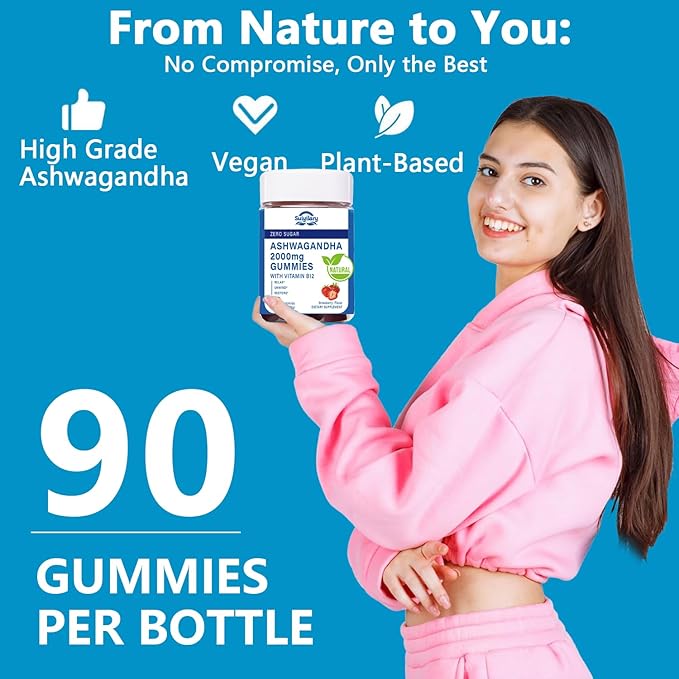 Suiyilary Ashwagandha Gummies 2000mg, Ashwagandha High Strength Root Extract Supplement with Vitamin B12 for Men Women, Strawberry Flavour 90 Days Supply 90 Gummies 2pack