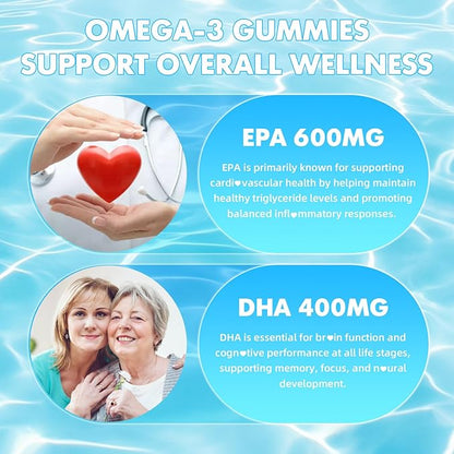 softbear Omega 3 Gummies for Women & Men & Kids Omega 3 Supplements 1200mg Vegan Omega 3 Fatty Acids DHA EPA with Vitamins Support Eye & Brain Health, Sugar Free, Strawberry Flavor 60 Count