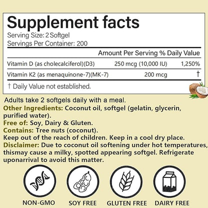 Real Good Essentials Vitamin D3 K2 10000 IU, 200 Virgin Coconut Oil Softgels, 2 in 1 Vitamins Supplement D & K (Include MK7), Easy to Swallow, Supports Calcium Absorption, Bone Health (1pc)