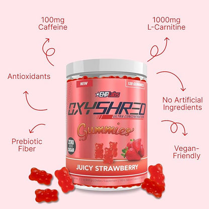 EHP Labs OxyShred Gummies - Pre Workout Gummies & Energy Chews with 100mg Caffeine, L-Carnitine for Thermo & Metabolic Support, All Natural Energy Boost - Strawberry Flavor – 60 Servings (Pack of 2)