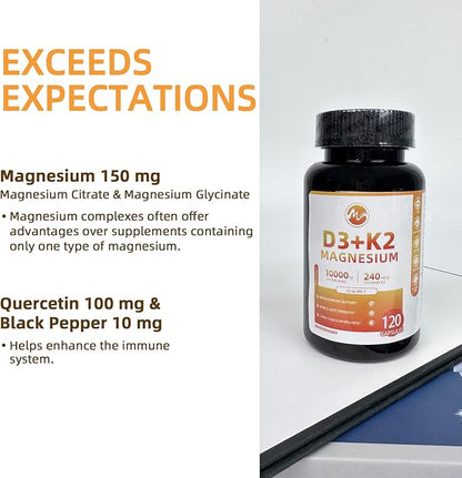 M inch Vitamin D3 K2 with Magnesium, Vitamin D3 10000 IU, Vitamin K2 MK-7 240 mcg, 6-in-1 K2 D3 Vitamin Supplement with Quercetin for Bone, Immune & Moo*d Support, Highly Bioavailable, 2 Packs