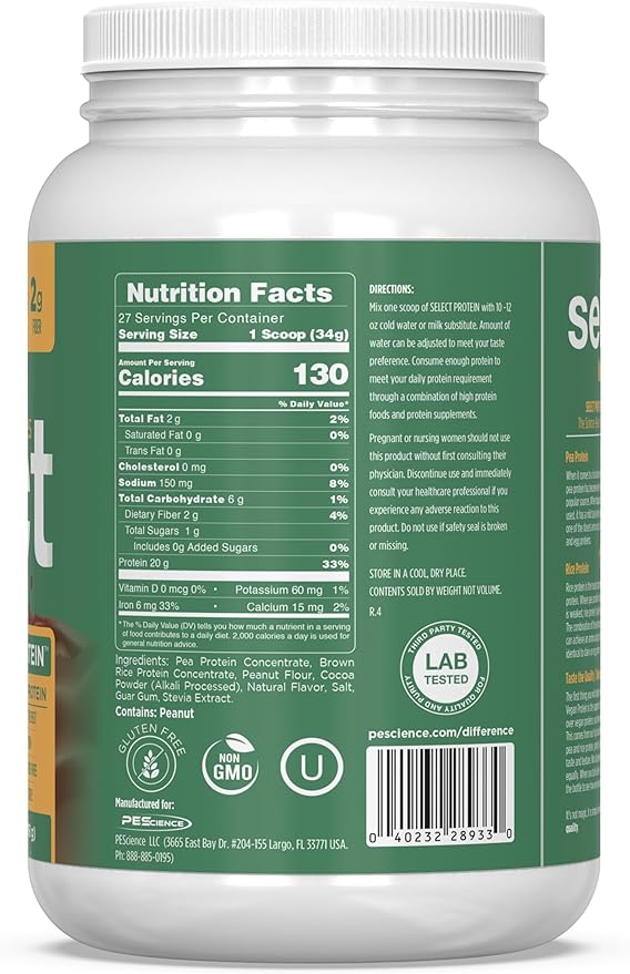 PEScience Select Vegan Protein Powder, Plant Based Protein Powder, Amazing Taste, Smooth Texture, Pea and Brown Rice Blend, Dairy Free, Lactose Free, Gluten Free - Chocolate Peanut Butter, 27 Servings