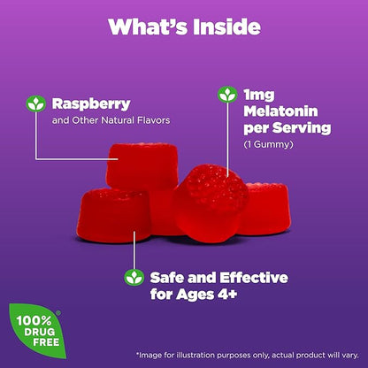 Natrol Kids Melatonin 1mg, Supplement for Restful Sleep, Sleep Gummies for Children, 60 Raspberry-Flavored Melatonin Gummies, 60 Day Supply