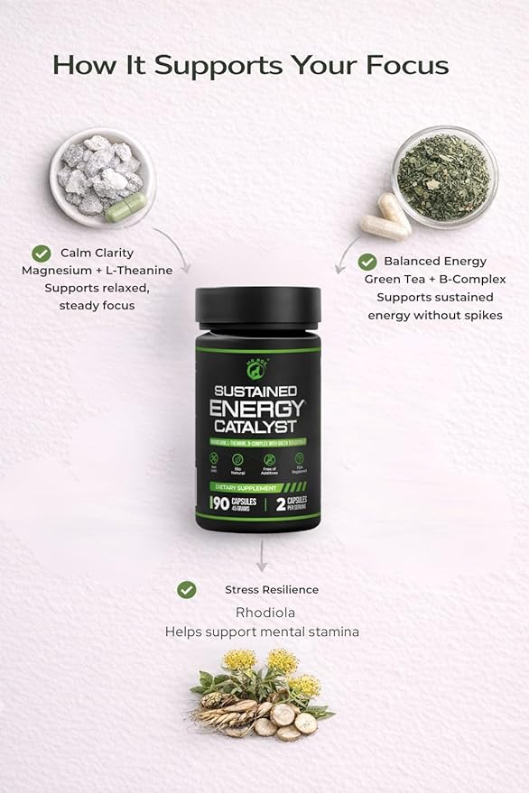 Sustained Energy Catalyst – Vegan Supplement with Magnesium, B-Complex, L-Theanine, Rhodiola, Green Tea & Marine Phytoplankton – for Energy, Focus, and Mental Balance – 90 Capsules