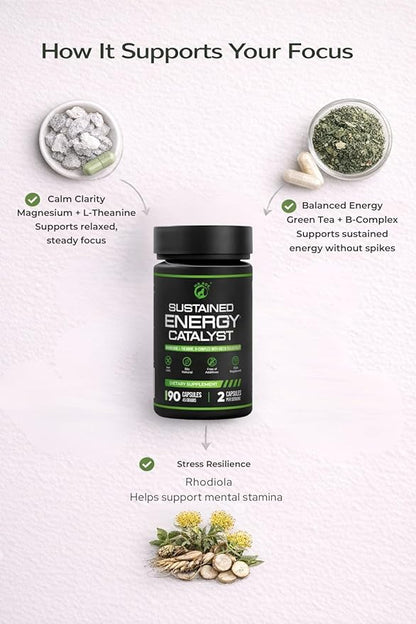 Sustained Energy Catalyst – Vegan Supplement with Magnesium, B-Complex, L-Theanine, Rhodiola, Green Tea & Marine Phytoplankton – for Energy, Focus, and Mental Balance – 90 Capsules
