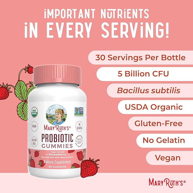 MARYRUTH'S USDA Organic Probiotic Gummies Probiotic Digestive Support | Immune Support | Digestive & Gut Health Supplement | 5 Billion CFU | Vegan | Non-GMO | Gluten Free | 60 Count