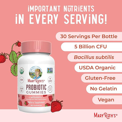 MARYRUTH'S USDA Organic Probiotic Gummies Probiotic Digestive Support | Immune Support | Digestive & Gut Health Supplement | 5 Billion CFU | Vegan | Non-GMO | Gluten Free | 60 Count