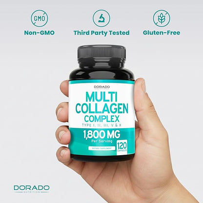 Multi Collagen Pills for Women & Men (120 Capsules) Type I, II, III, V and X - Pure Hydrolyzed Collagen Peptides Supplement - Hair, Skin, Nails & Joint Support - 3rd Party Tested, Non GMO & USA Made