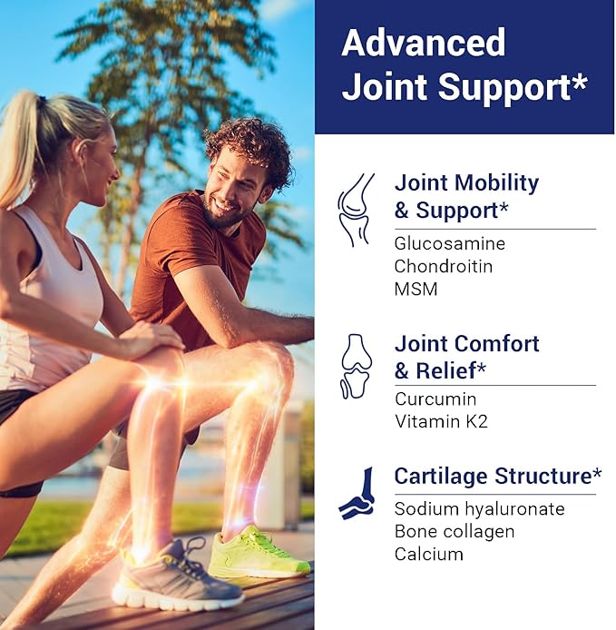 Glucosamine Chondroitin Supplement Advanced Joint & Cartilage Formula, Supports Healthy Joints, Mobility & Cartilage, with MSM, Curcumin 95%, Sodium Hyaluronate, Calcium, Bone, Collagen, Vitamin K2