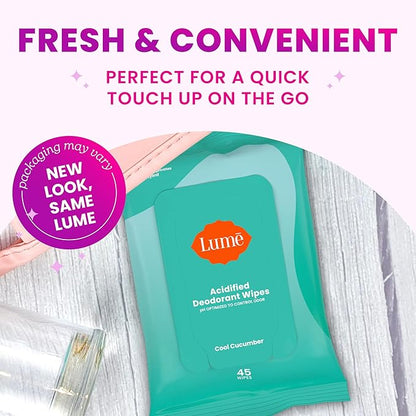 Lume Acidified Deodorant Wipes - 24 Hour Odor Control - Aluminum Free, Baking Soda Free, Skin Loving - 45 Count (Pack of 3) (Cool Cucumber)