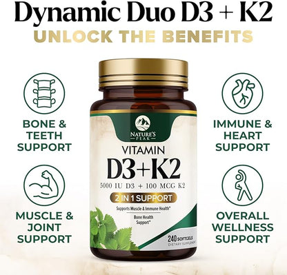 D3 K2 Vitamin - 5000 IU D3 Per Serving - High Potency Vitamin D3 Supplement - Advanced 2-in-1 Complex Vitamin D & Vitamin K2 (MK7) - Easy to Swallow, Bone & Immune Support - USA Bottled - 240 Softgels